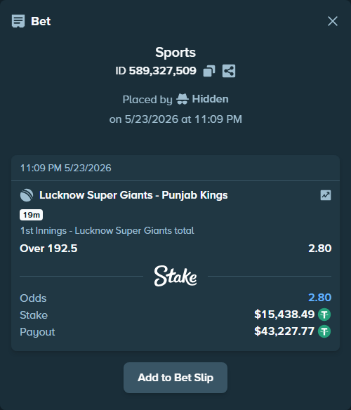 Bet slip: Lucknow Super Giants - Punjab Kings, $15,453.93 stake at 2.80 odds, placed by Hidden