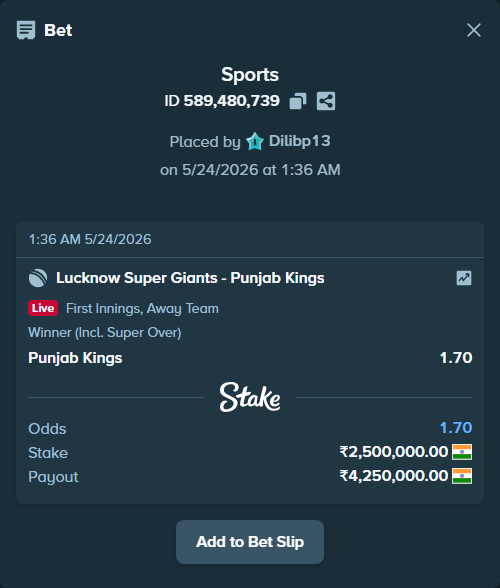 Bet slip: Lucknow Super Giants - Punjab Kings, $30,000.00 stake at 1.70 odds, placed by Dilibp13