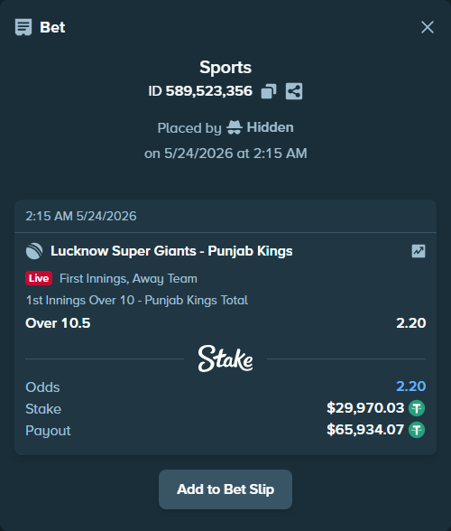 Bet slip: Lucknow Super Giants - Punjab Kings, $30,000.00 stake at 2.20 odds, placed by Hidden