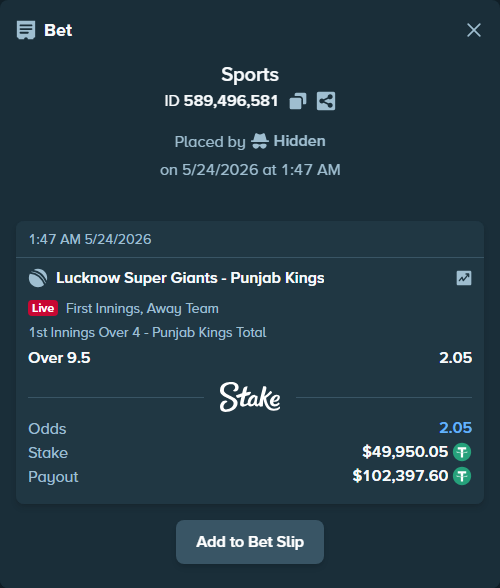 Bet slip: Lucknow Super Giants - Punjab Kings, $50,000.00 stake at 2.05 odds, placed by Hidden