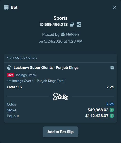 Bet slip: Lucknow Super Giants - Punjab Kings, $50,018.00 stake at 2.25 odds, placed by Hidden