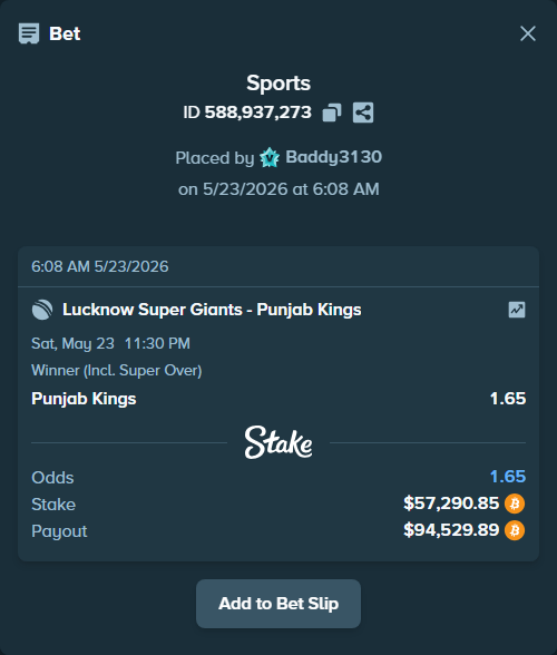 Bet slip: Lucknow Super Giants - Punjab Kings, $48,612.01 stake at 1.65 odds, placed by Baddy3130