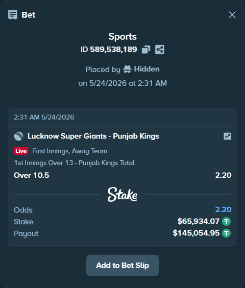 Bet slip: Lucknow Super Giants - Punjab Kings, $66,000.00 stake at 2.20 odds, placed by Hidden