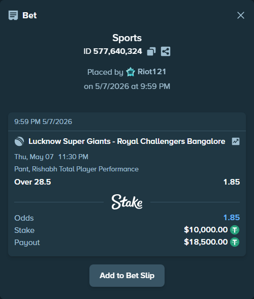 Bet slip: Lucknow Super Giants - Royal Challengers Bengaluru, $10,000.00 stake at 1.85 odds, placed by Riot121