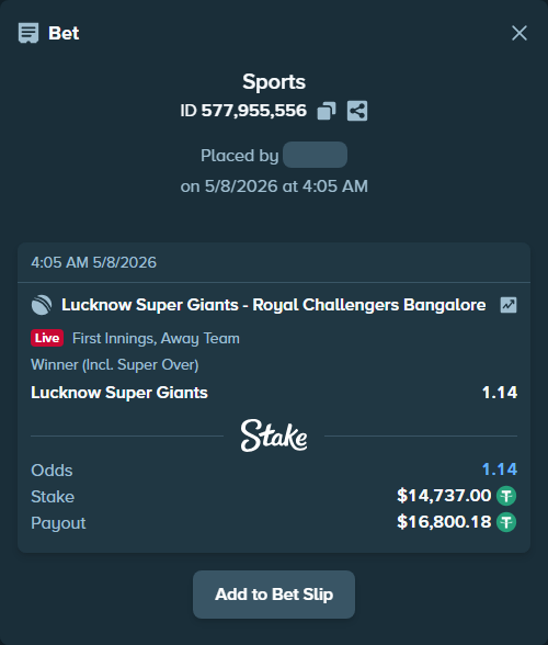 Bet slip: Lucknow Super Giants - Royal Challengers Bengaluru, $14,737.00 stake at 1.14 odds, placed by Stake09113