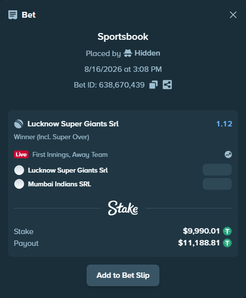 Bet slip: Lucknow Super Giants SRL - Mumbai Indians SRL, $10,000.00 stake at 1.12 odds, placed by Hidden