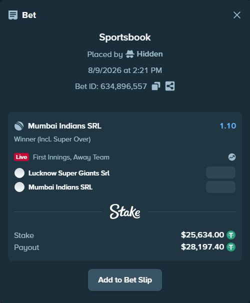 Bet slip: Lucknow Super Giants SRL - Mumbai Indians SRL, $25,659.63 stake at 1.10 odds, placed by Hidden