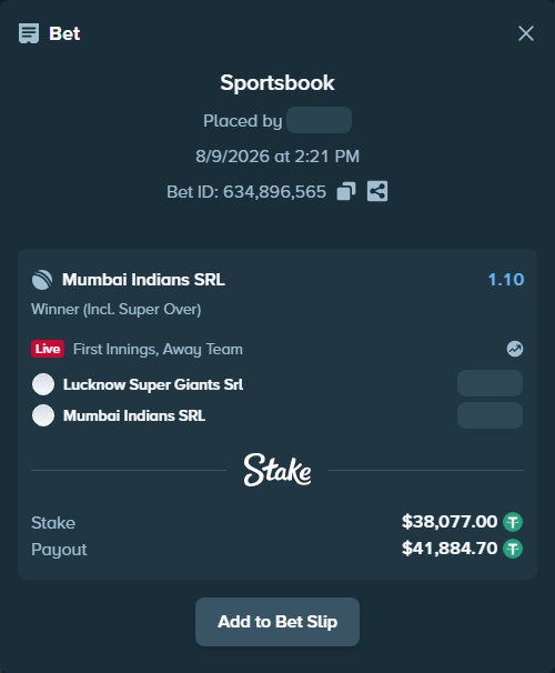 Bet slip: Lucknow Super Giants SRL - Mumbai Indians SRL, $38,115.08 stake at 1.10 odds, placed by riaggo1