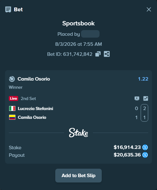Bet slip: Lucrezia Stefanini - Camila Osorio, $16,914.23 stake at 1.22 odds, placed by Fekah4
