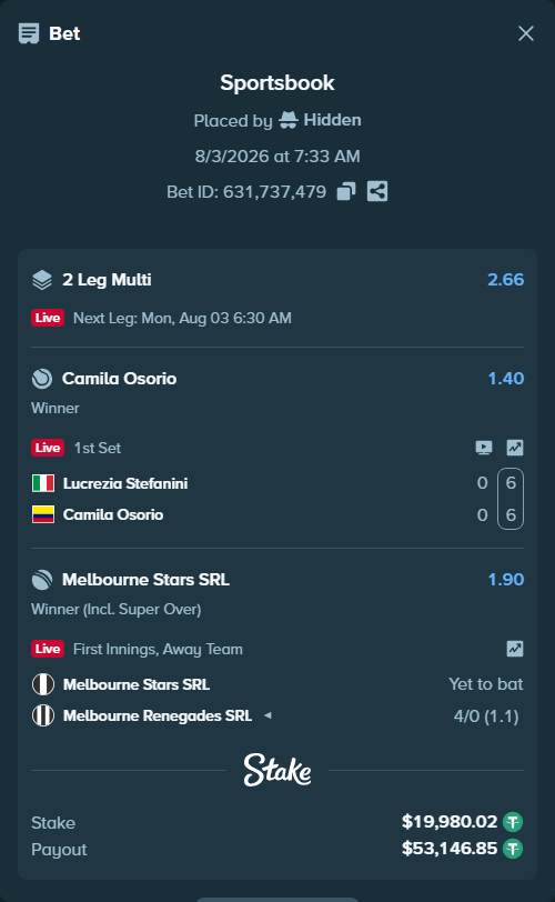 Bet slip: Lucrezia Stefanini - Camila Osorio, $20,000.00 stake at 1.40 odds, placed by Hidden