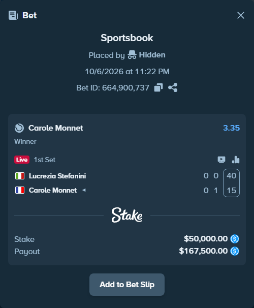 Bet slip: Lucrezia Stefanini - Carole Monnet, $50,000.00 stake at 3.35 odds, placed by Hidden