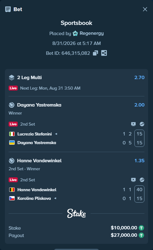 Bet slip: Lucrezia Stefanini - Dayana Yastremska, $10,000.00 stake at 2.00 odds, placed by Regenergy