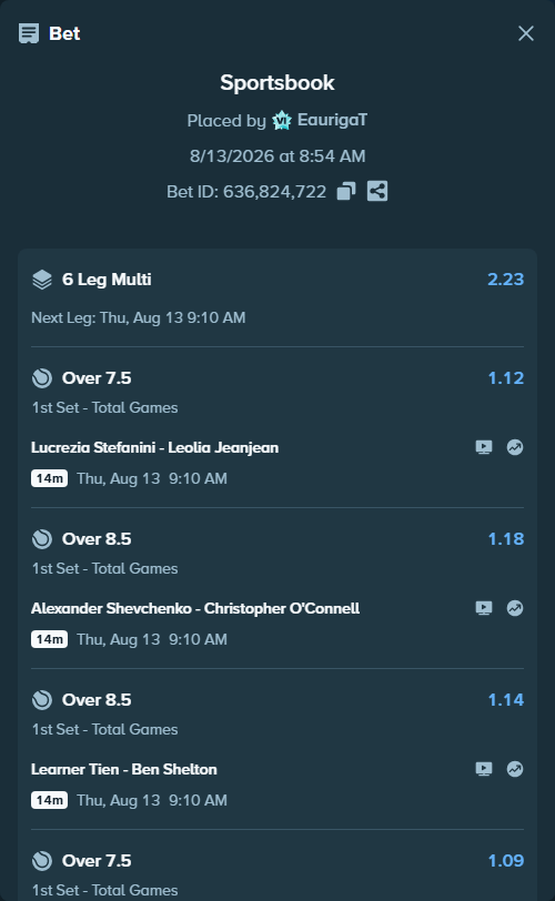 Bet slip: Lucrezia Stefanini - Leolia Jeanjean, $52,951.85 stake at 1.12 odds, placed by EaurigaT