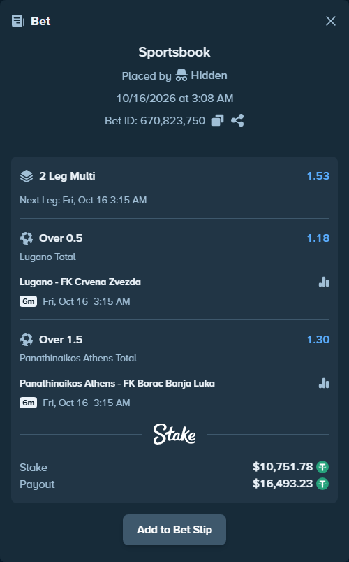 Bet slip: Lugano - FK Crvena Zvezda Belgrade, $10,762.53 stake at 1.18 odds, placed by Hidden