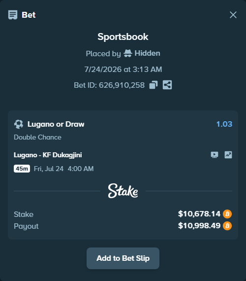 Bet slip: Lugano - KF Dukagjini, $10,605.13 stake at 1.03 odds, placed by Hidden