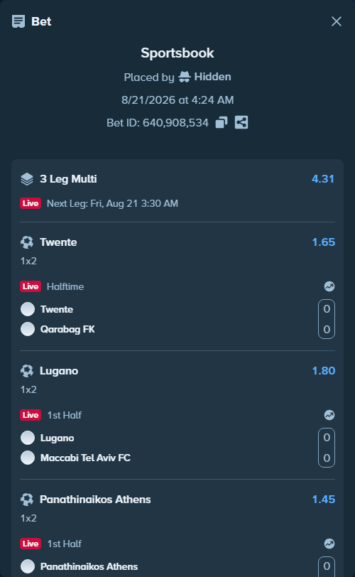 Bet slip: Lugano - Maccabi Tel Aviv FC, $10,000.00 stake at 1.80 odds, placed by Hidden