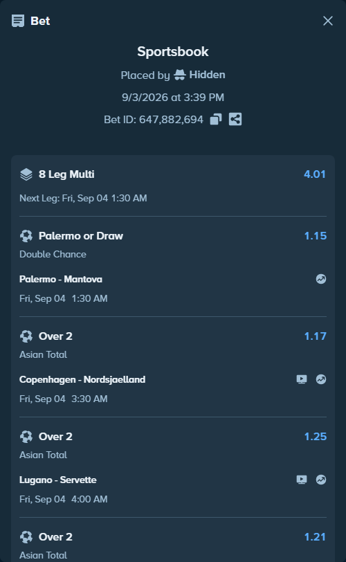 Bet slip: Lugano - Servette, $10,000.00 stake at 1.25 odds, placed by Hidden