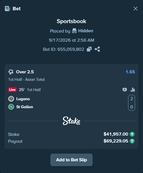 Bet slip: Lugano - St Gallen, $41,957.00 stake at 1.65 odds, placed by Hidden