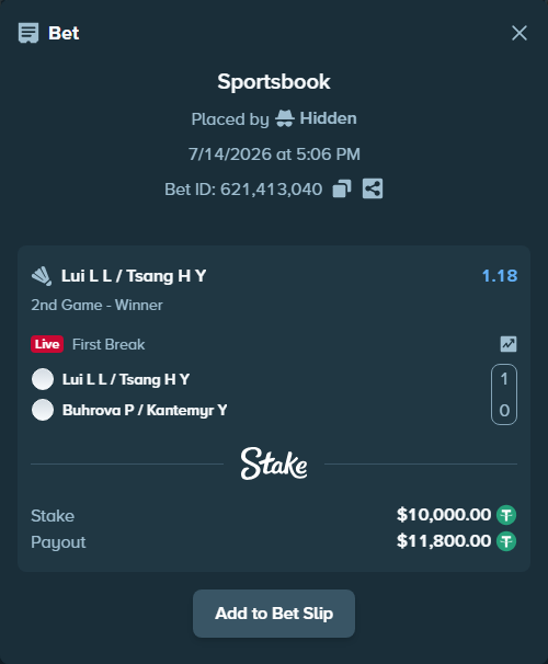 Bet slip: Lui L L / Tsang H Y - Buhrova P / Kantemyr Y, $10,010.00 stake at 1.18 odds, placed by Hidden
