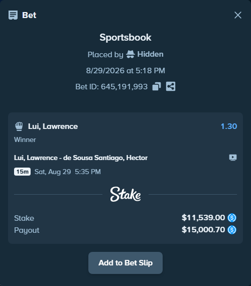 Bet slip: Lui, Lawrence - de Sousa Santiago, Hector, $11,539.00 stake at 1.30 odds, placed by Hidden