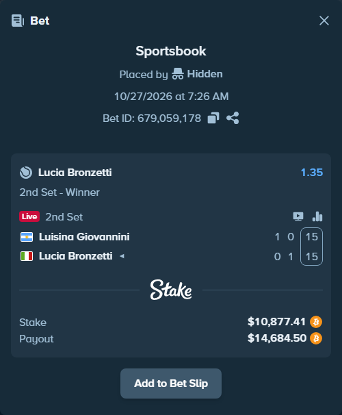 Bet slip: Luisina Giovannini - Lucia Bronzetti, $10,889.71 stake at 1.35 odds, placed by Hidden