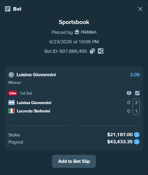 Bet slip: Luisina Giovannini - Lucrezia Stefanini, $21,187.00 stake at 2.05 odds, placed by SBoSS97