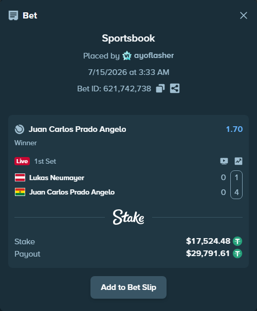 Bet slip: Lukas Neumayer - Juan Carlos Prado Angelo, $17,542.00 stake at 1.70 odds, placed by ayoflasher