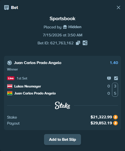Bet slip: Lukas Neumayer - Juan Carlos Prado Angelo, $21,273.21 stake at 1.40 odds, placed by Hidden
