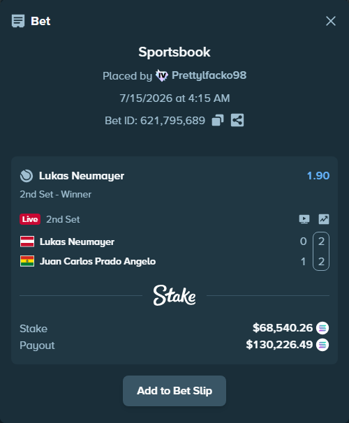 Bet slip: Lukas Neumayer - Juan Carlos Prado Angelo, $64,651.05 stake at 1.90 odds, placed by Prettylfacko98