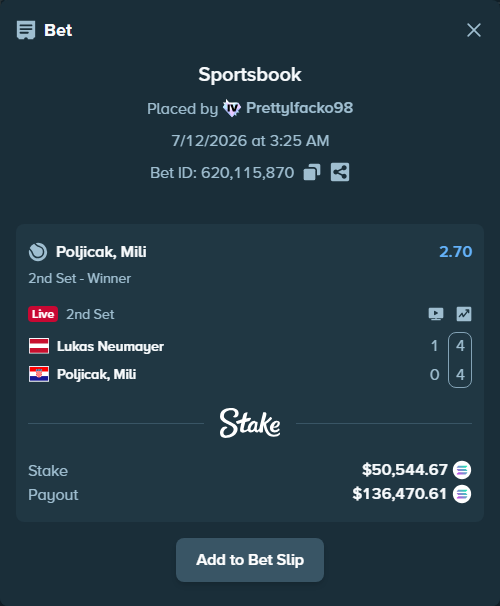 Bet slip: Lukas Neumayer - Poljicak, Mili, $47,052.17 stake at 2.70 odds, placed by Prettylfacko98