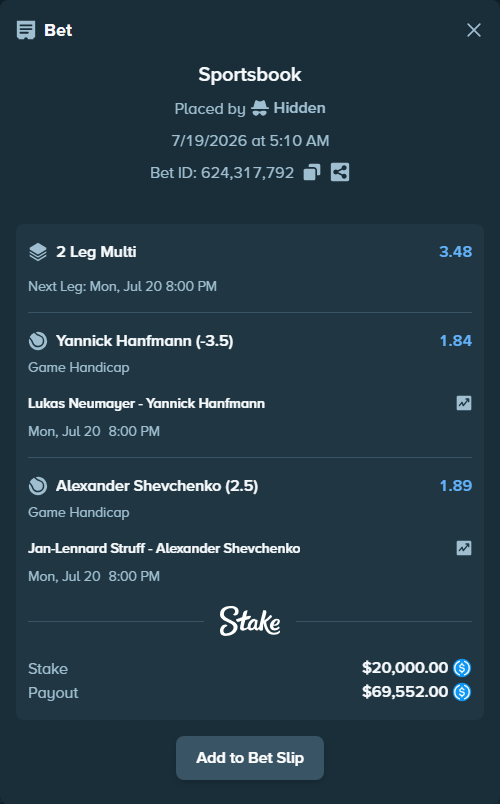 Bet slip: Lukas Neumayer - Yannick Hanfmann, $20,000.00 stake at 1.84 odds, placed by Hidden
