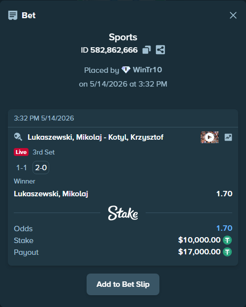 Bet slip: Lukaszewski, Mikolaj - Kotyl, Krzysztof, $10,000.00 stake at 1.70 odds, placed by WinTr10