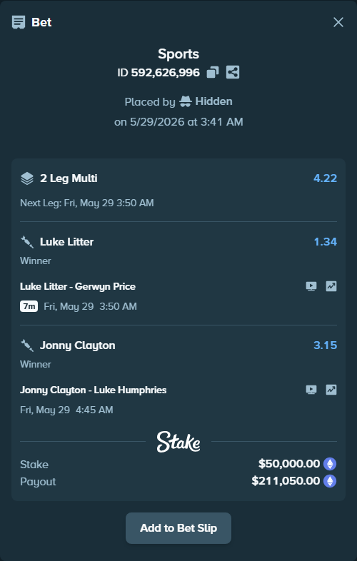 Bet slip: Luke Litter - Gerwyn Price, $42,976.45 stake at 1.34 odds, placed by Hidden
