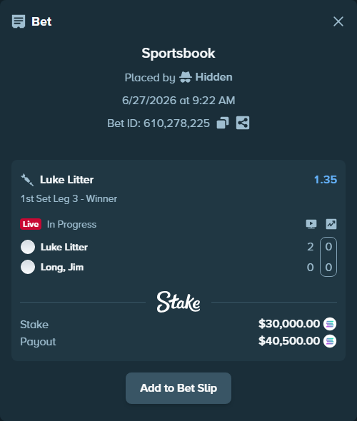 Bet slip: Luke Litter - Long, Jim, $33,833.19 stake at 1.35 odds, placed by Hidden