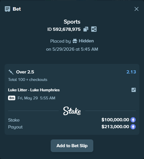 Bet slip: Luke Litter - Luke Humphries, $86,421.17 stake at 2.13 odds, placed by Hidden