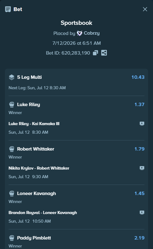 Bet slip: Luke Riley - Kai Kamaka III, $25,000.00 stake at 1.37 odds, placed by Cabrzy