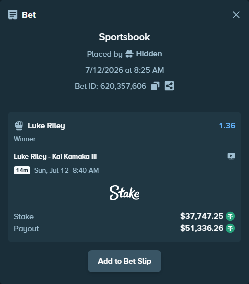 Bet slip: Luke Riley - Kai Kamaka III, $37,785.00 stake at 1.36 odds, placed by Hidden