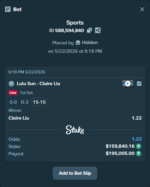 Bet slip: Lulu Sun - Claire Liu, $160,000.00 stake at 1.22 odds, placed by Hidden