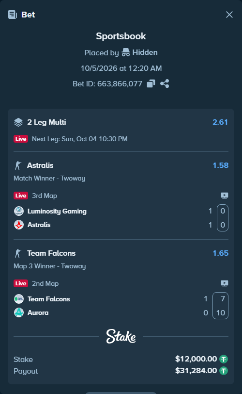 Bet slip: Luminosity Gaming - Astralis, $12,000.00 stake at 1.58 odds, placed by Hidden