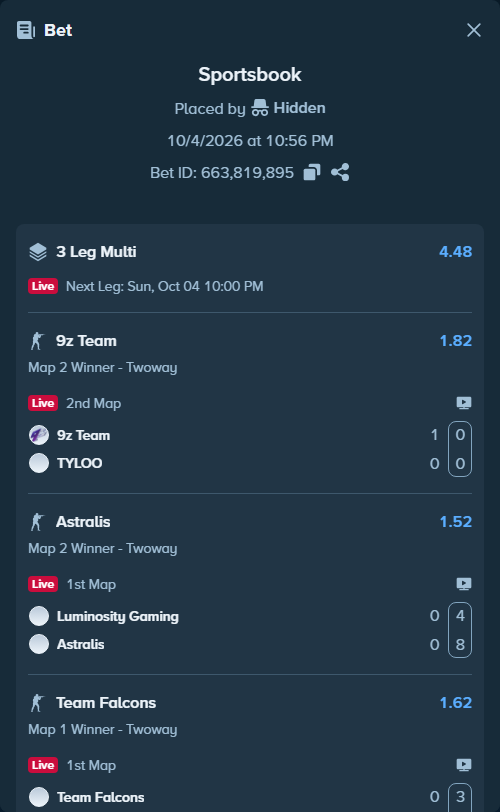 Bet slip: Luminosity Gaming - Astralis, $14,000.00 stake at 1.52 odds, placed by Hidden