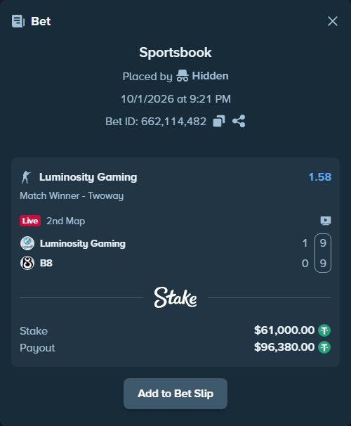 Bet slip: Luminosity Gaming - B8, $61,000.00 stake at 1.58 odds, placed by Hidden