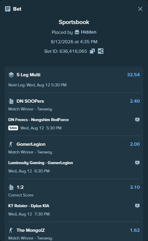 Bet slip: Luminosity Gaming - GamerLegion, $50,000.00 stake at 2.00 odds, placed by Hidden