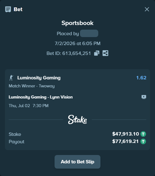Bet slip: Luminosity Gaming - Lynn Vision, $47,961.01 stake at 1.62 odds, placed by GoldenKot