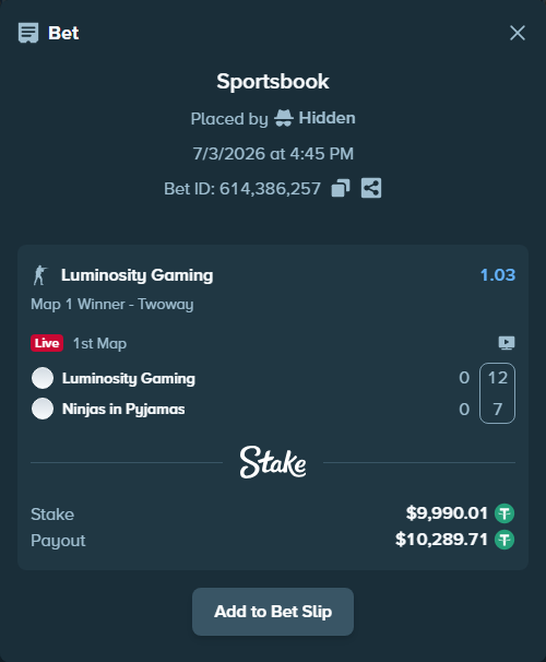 Bet slip: Luminosity Gaming - Ninjas in Pyjamas, $10,000.00 stake at 1.03 odds, placed by Hidden