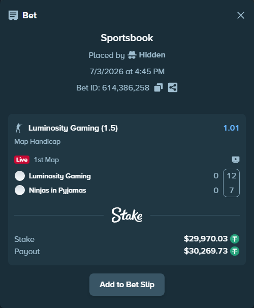 Bet slip: Luminosity Gaming - Ninjas in Pyjamas, $30,000.00 stake at 1.01 odds, placed by Hidden
