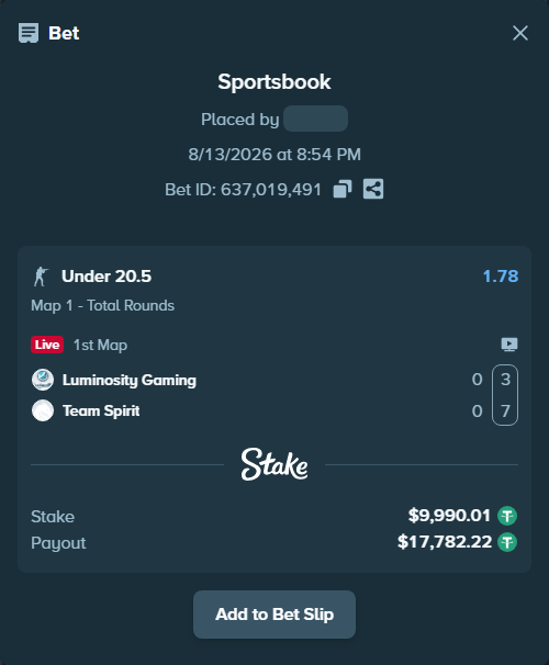 Bet slip: Luminosity Gaming - Team Spirit, $10,000.00 stake at 1.78 odds, placed by saszakoncza