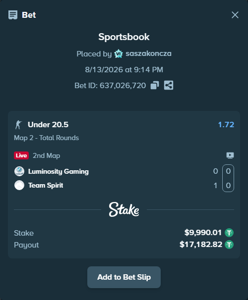 Bet slip: Luminosity Gaming - Team Spirit, $10,000.00 stake at 1.72 odds, placed by saszakoncza