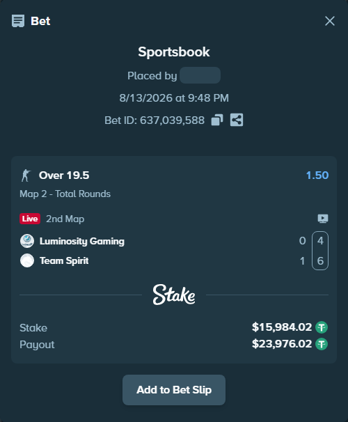 Bet slip: Luminosity Gaming - Team Spirit, $16,000.00 stake at 1.50 odds, placed by saszakoncza
