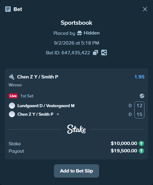 Bet slip: Lundgaard D / Vestergaard M - Chen Z Y / Smith P, $10,000.00 stake at 1.95 odds, placed by Hidden