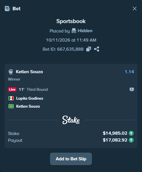 Bet slip: Lupita Godinez - Ketlen Souza, $15,000.00 stake at 1.14 odds, placed by Hidden